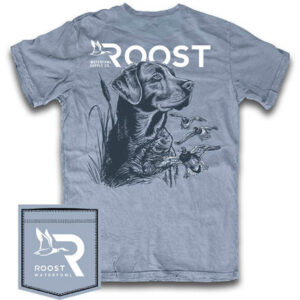 Gray shirt featuring dog and ducks graphic design.
