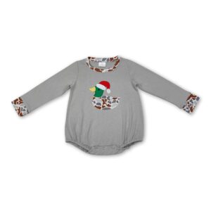 Gray onesie with duck and Santa hat design.