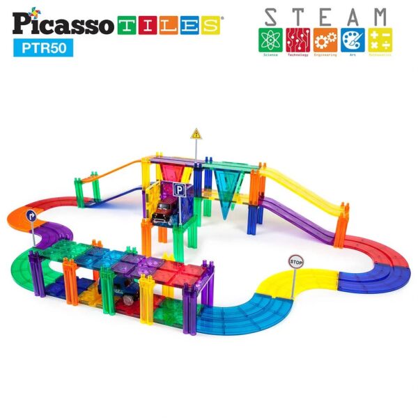 picassotiles 50 piece racetrack Colorful magnetic car track set with STEAM branding.