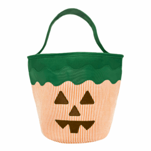 Striped pumpkin bag with green top and handle.