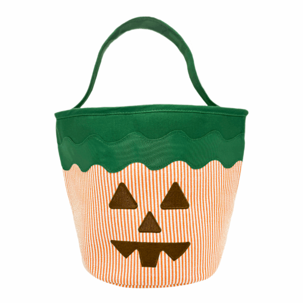 bits & bows jack o lantern pumpkin tote Striped pumpkin bag with green top and handle.