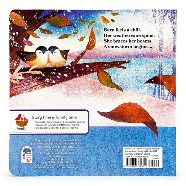 cottage door press barn in winter: safe and warm on the farm board book Illustrated birds in autumn with falling leaves.
