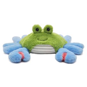 Plush blue and green stuffed animal with eyes.