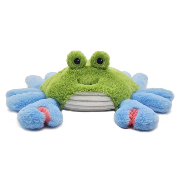 Plush blue and green stuffed animal with eyes.