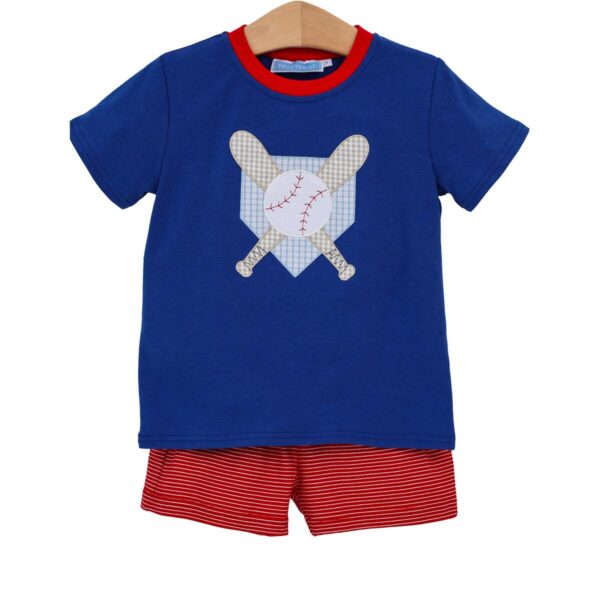 Blue baseball-themed kids' pajama set.