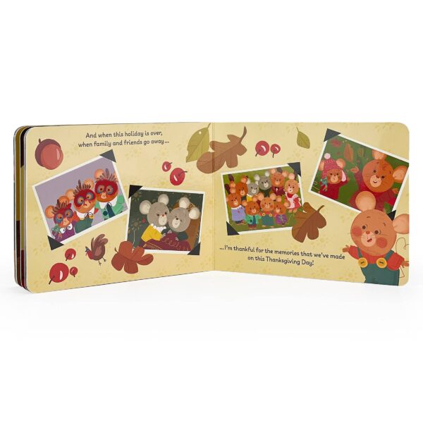 cottage door press thankful thanksgiving board book Thanksgiving book page with illustrated mice and acorns.