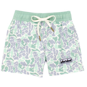 Camouflage swim shorts with green waistband.