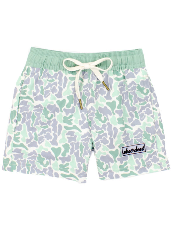 Camouflage swim shorts with green waistband.
