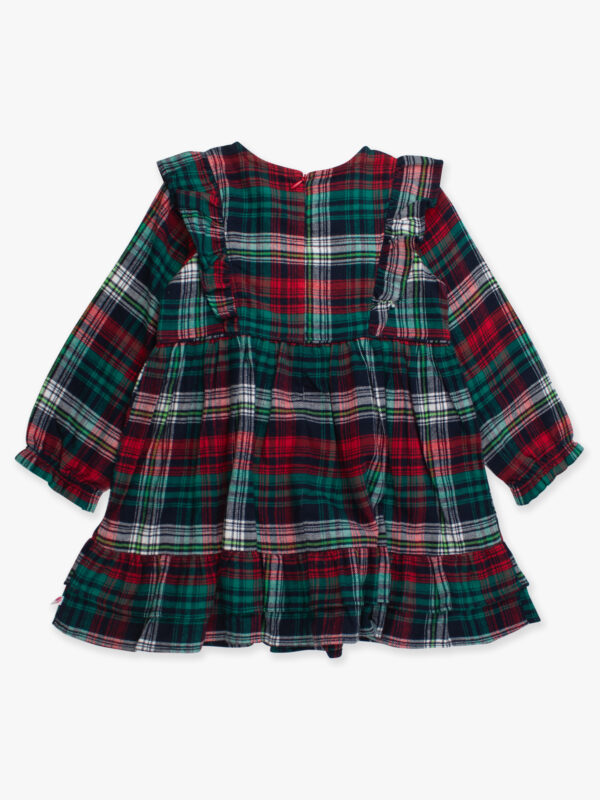 rufflebutts woven long sleeve waterfall bow dress christopher plaid Red and green plaid long-sleeve dress for girls.