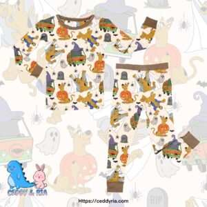 Children's Halloween pajamas with cartoon ghost design.
