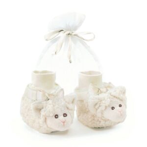 Cute lamb-themed baby booties gift set.