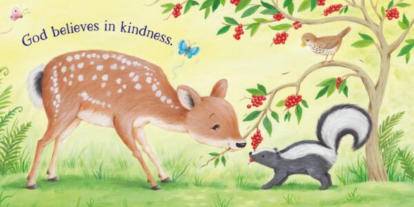 kidsbooks publishing god believes in me Fawn and skunk sharing berries under tree.