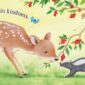Fawn and skunk sharing berries under tree.