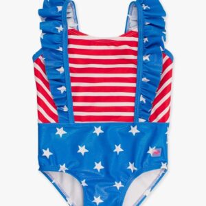 Patriotic stars and stripes baby swimsuit.