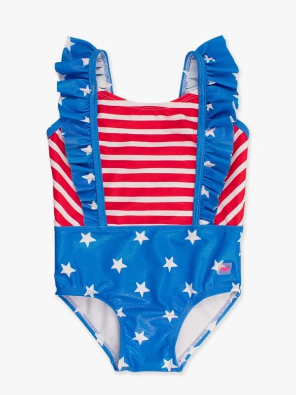 rufflebutts stars and stripes pinafore swimsuit Patriotic stars and stripes baby swimsuit.