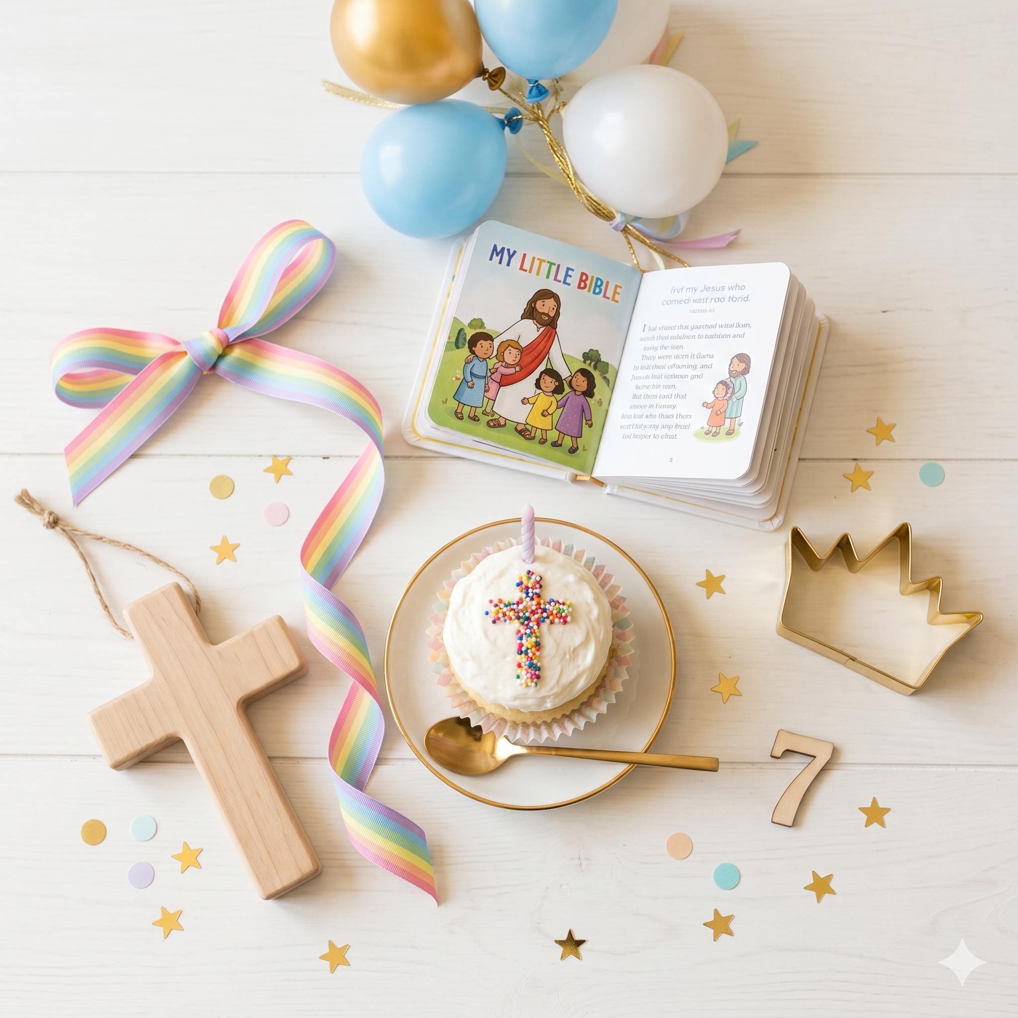 Christian-themed children's birthday party flat-lay on a white wood background. Features a wooden cross, children's Bible, pastel balloons, a cupcake with a sprinkle cross, rainbow ribbon, and gold star confetti.